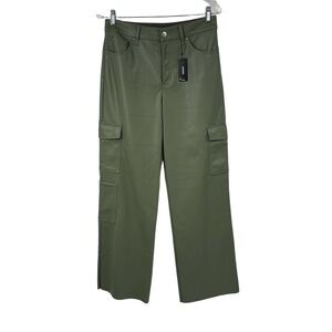 NWT Express Pants Womens 8R Green Cargo Wide‎ Leg Faux Leather Relaxed